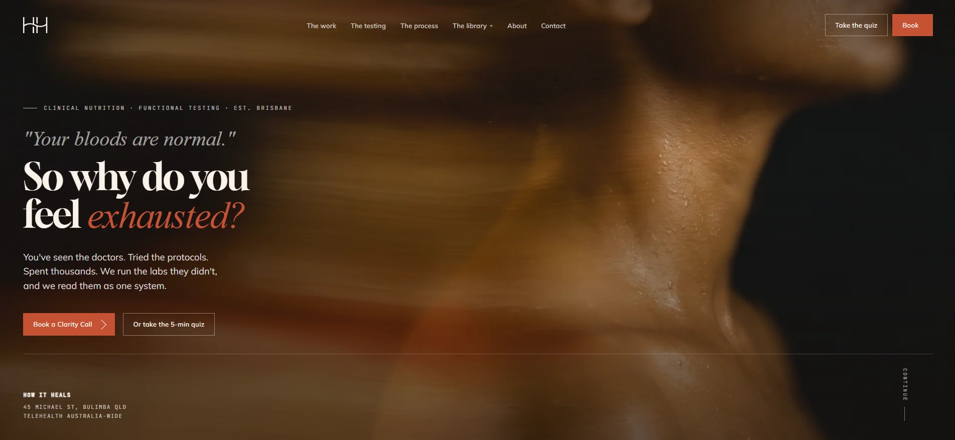 How It Heals website hero — dark editorial design for Brisbane functional medicine clinic