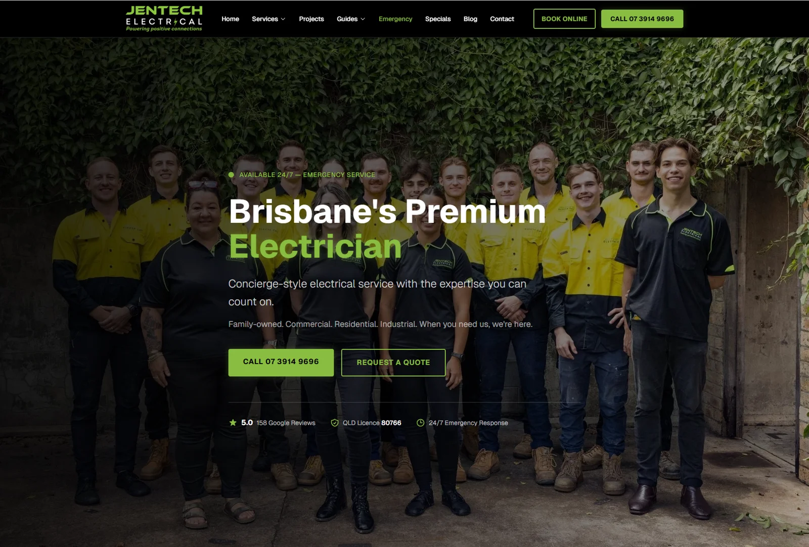 Jentech Electrical website screenshot — Brisbane's Premium Electrician homepage with team photo